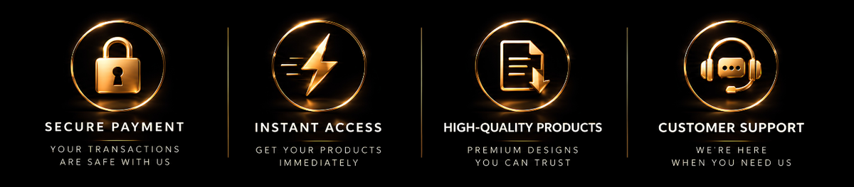 A black promotional banner with four gold circular icons and text reading Secure Payment, Instant Access, Easy-To-Use Products, and Customer Support.